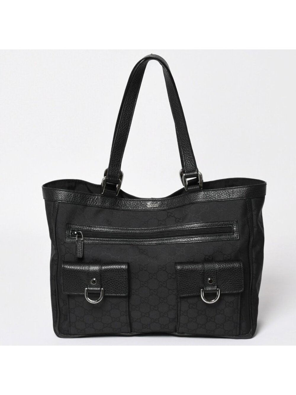 Gucci Abbey GG Nylon Canvas Pocket Tote Bag Black Silver